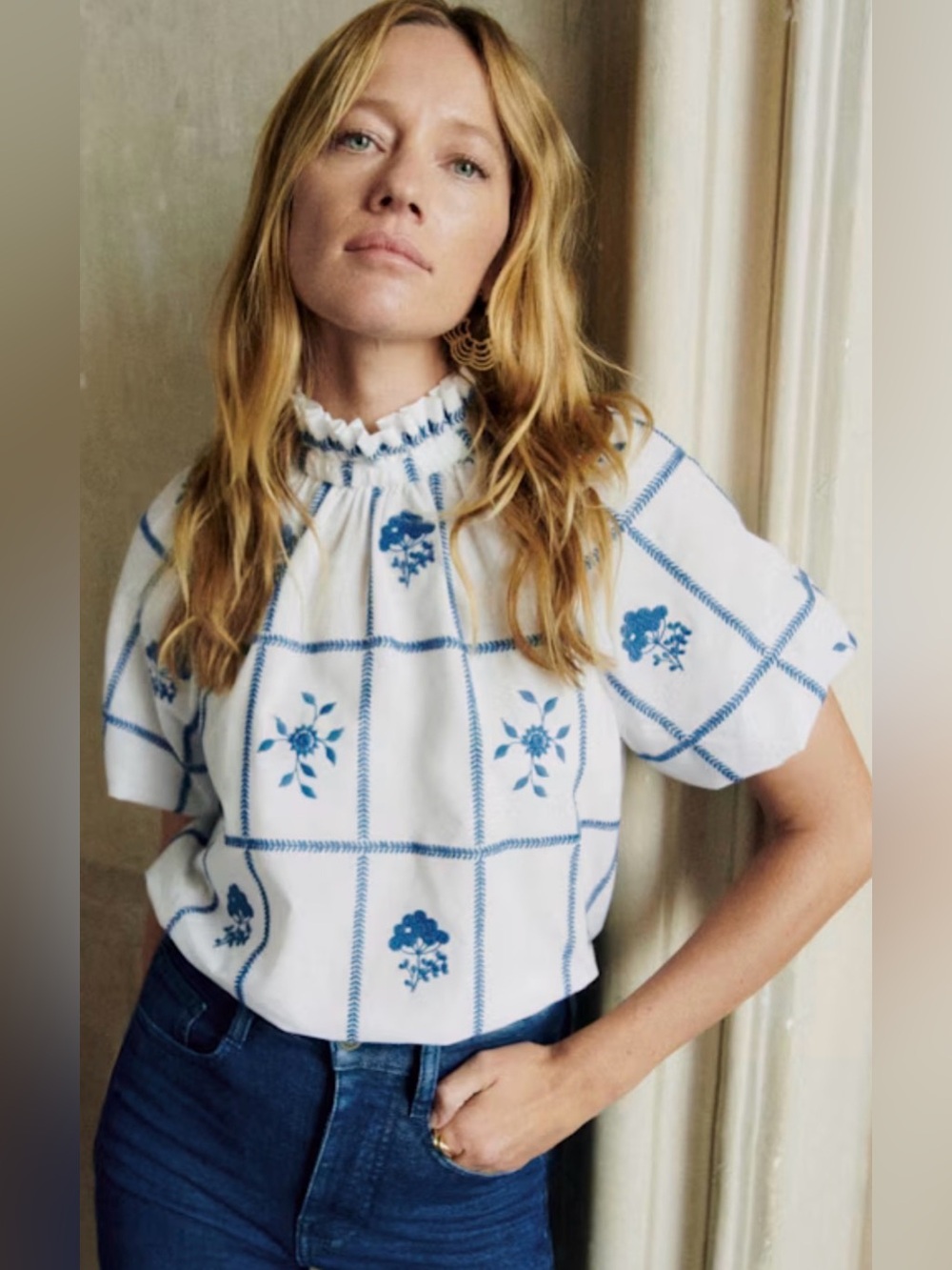 Sezane Blouse Shaily White Top with Blue Floral Grid Embroidery 42/ US 8